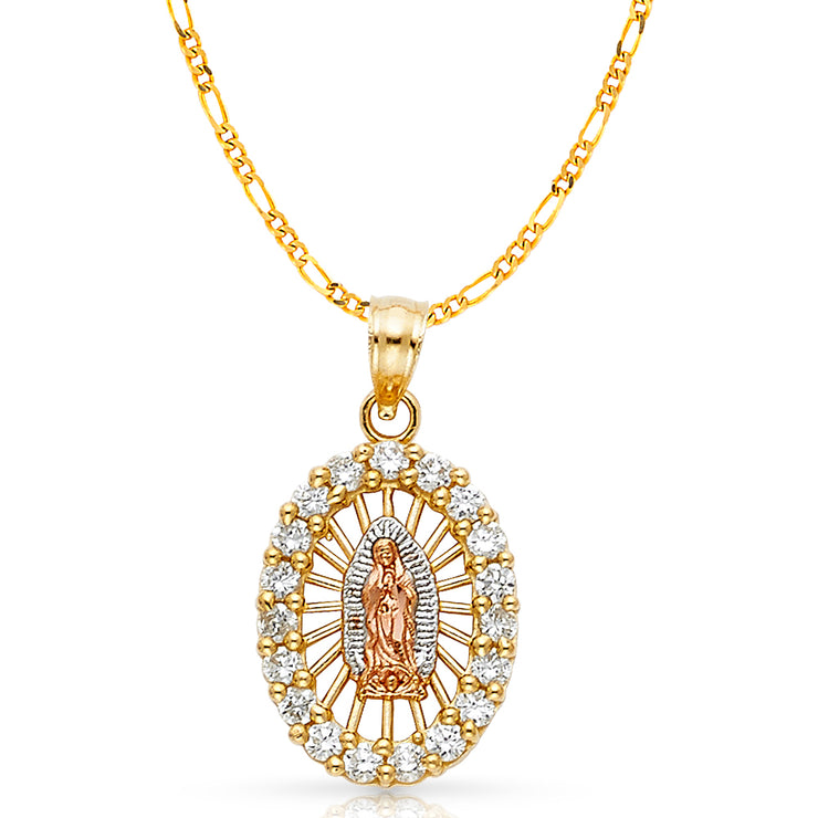 14K Gold CZ Guadalupe Charm Pendant with 2.3mm Figaro 3+1 Chain Necklace