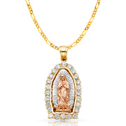 14K Gold CZ Guadalupe Charm Pendant with 3.1mm Figaro 3+1 Chain Necklace