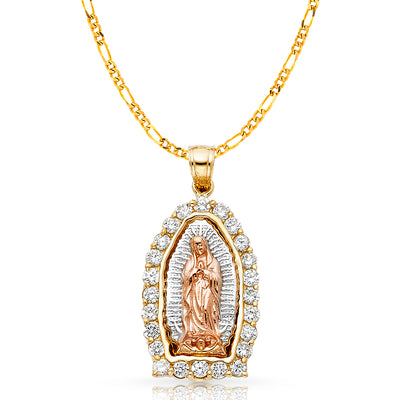 14K Gold CZ Guadalupe Charm Pendant with 3.1mm Figaro 3+1 Chain Necklace