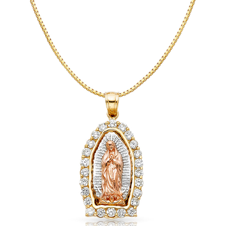 14K Gold CZ Religious Guadalupe Charm Pendant with 0.8mm Box Chain Necklace