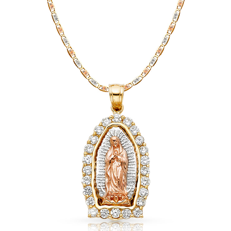 14K Gold CZ Guadalupe Charm Pendant with 3.3mm Valentino Star Diamond Cut Chain Necklace