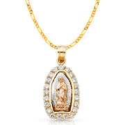 14K Gold CZ Guadalupe Charm Pendant with 2.3mm Figaro 3+1 Chain Necklace