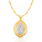 14K Gold Guadalupe Charm Pendant with 3.8mm Figaro 3+1 Chain Necklace