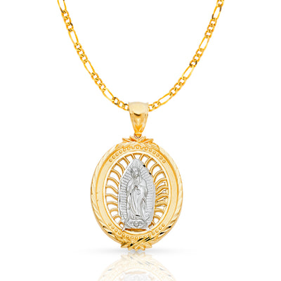 14K Gold Guadalupe Charm Pendant with 3.8mm Figaro 3+1 Chain Necklace