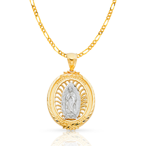 14K Gold Guadalupe Charm Pendant with 3.8mm Figaro 3+1 Chain Necklace