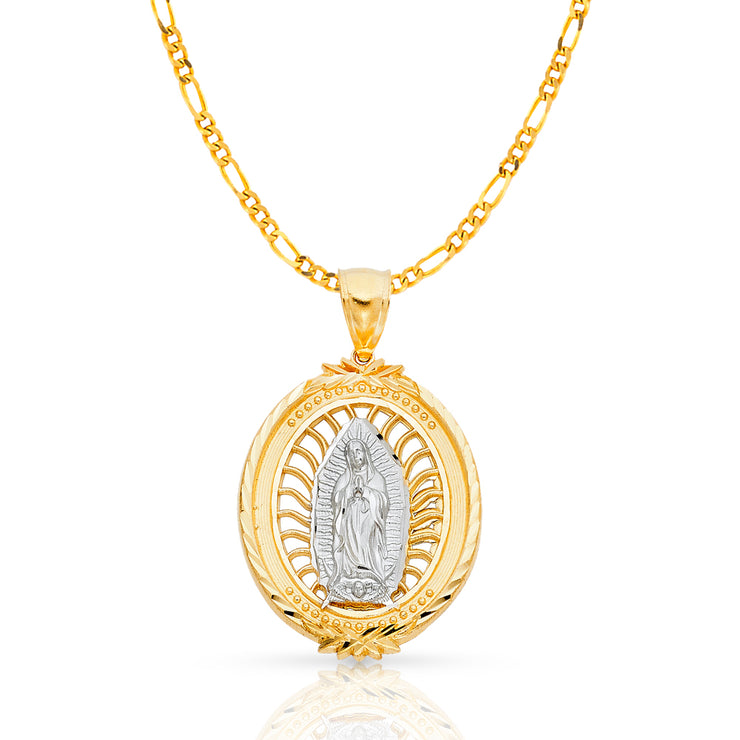 14K Gold Guadalupe Charm Pendant with 3.8mm Figaro 3+1 Chain Necklace