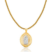 14K Gold Guadalupe Charm Pendant with 1.4mm Round Wheat Chain Necklace