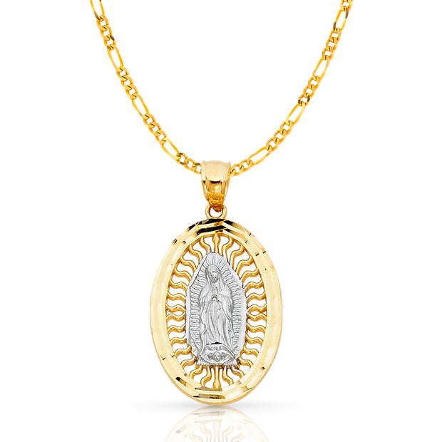 14K Gold Guadalupe Charm Pendant with 3.1mm Figaro 3+1 Chain Necklace