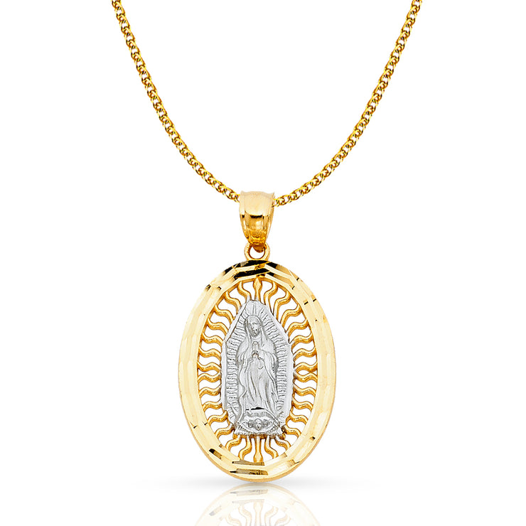 14K Gold Guadalupe Charm Pendant with 1.7mm Flat Open Wheat Chain Necklace