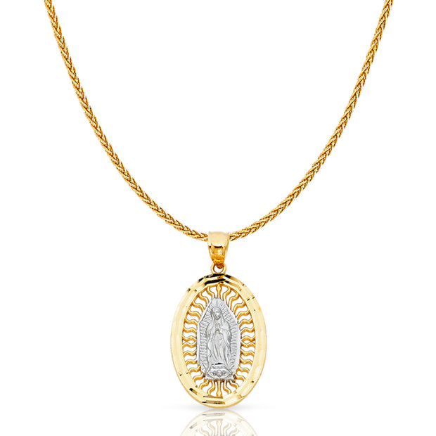 14K Gold Guadalupe Charm Pendant with 1.1mm Wheat Chain Necklace