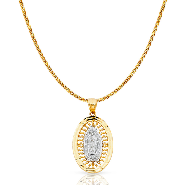 14K Gold Guadalupe Charm Pendant with 1.1mm Wheat Chain Necklace