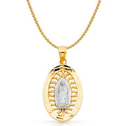 14K Gold Guadalupe Charm Pendant with 1.5mm Flat Open Wheat Chain Necklace