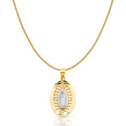 14K Gold Guadalupe Charm Pendant with 0.9mm Wheat Chain Necklace