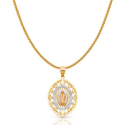 14K Gold Guadalupe Charm Pendant with 1.1mm Wheat Chain Necklace