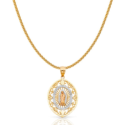 14K Gold Guadalupe Charm Pendant with 1.1mm Wheat Chain Necklace