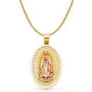 14K Gold Guadalupe Charm Pendant with 1.7mm Flat Open Wheat Chain Necklace