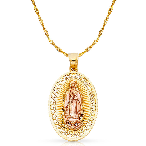 14K Gold Guadalupe Charm Pendant with 1.8mm Singapore Chain Necklace