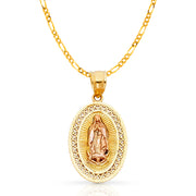 14K Gold Guadalupe Charm Pendant with 2.3mm Figaro 3+1 Chain Necklace