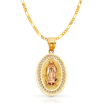 14K Gold Guadalupe Charm Pendant with 2.3mm Figaro 3+1 Chain Necklace