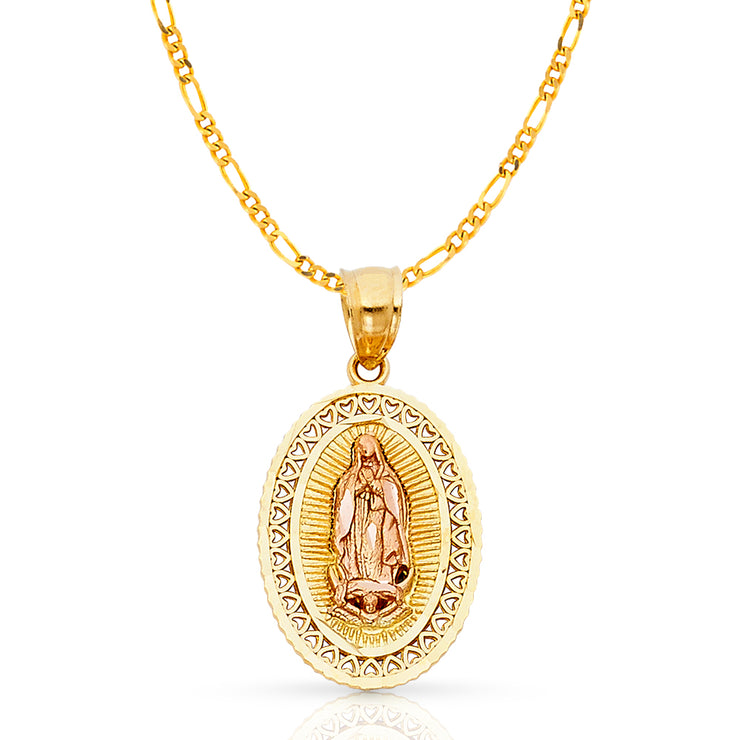 14K Gold Guadalupe Charm Pendant with 2.3mm Figaro 3+1 Chain Necklace