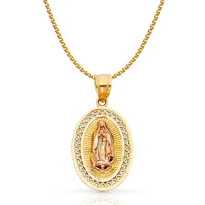 14K Gold Guadalupe Charm Pendant with 1.7mm Flat Open Wheat Chain Necklace