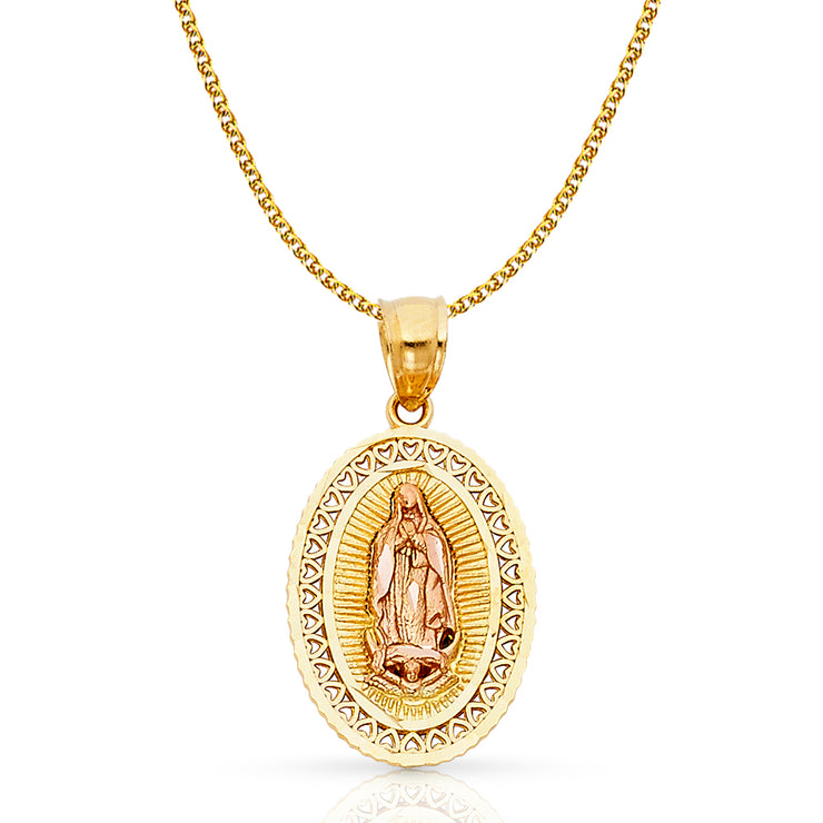 14K Gold Guadalupe Charm Pendant with 1.7mm Flat Open Wheat Chain Necklace