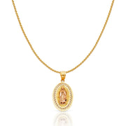 14K Gold Guadalupe Charm Pendant with 0.9mm Wheat Chain Necklace