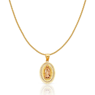 14K Gold Guadalupe Charm Pendant with 0.9mm Wheat Chain Necklace