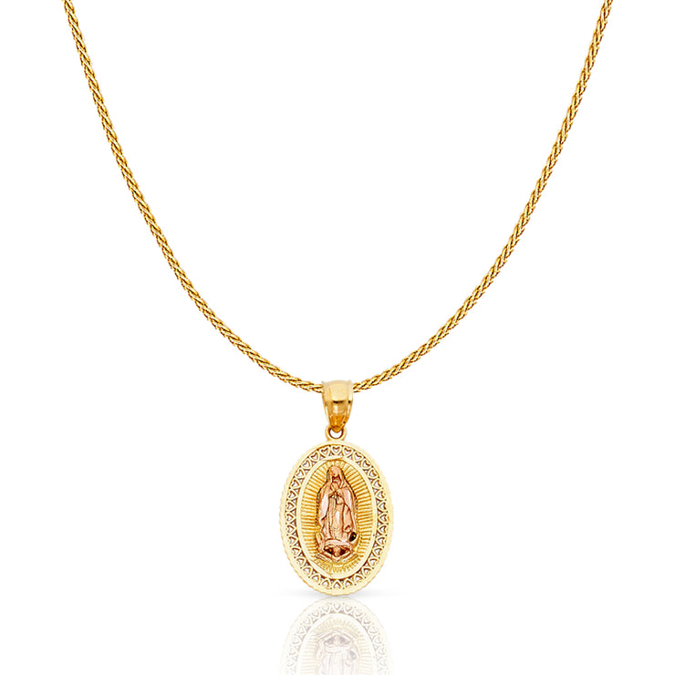 14K Gold Guadalupe Charm Pendant with 0.9mm Wheat Chain Necklace