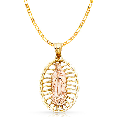 14K Gold Guadalupe Charm Pendant with 3.1mm Figaro 3+1 Chain Necklace