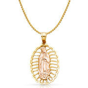 14K Gold Guadalupe Charm Pendant with 1.7mm Flat Open Wheat Chain Necklace