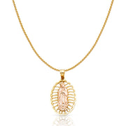 14K Gold Guadalupe Charm Pendant with 0.9mm Wheat Chain Necklace