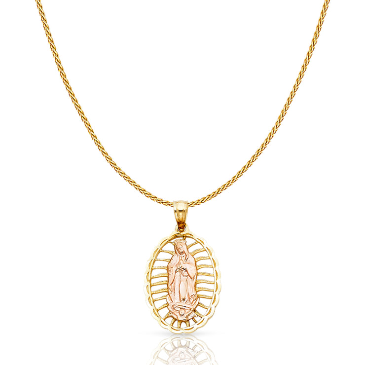 14K Gold Guadalupe Charm Pendant with 0.9mm Wheat Chain Necklace