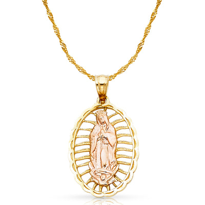 14K Gold Guadalupe Charm Pendant with 1.8mm Singapore Chain Necklace