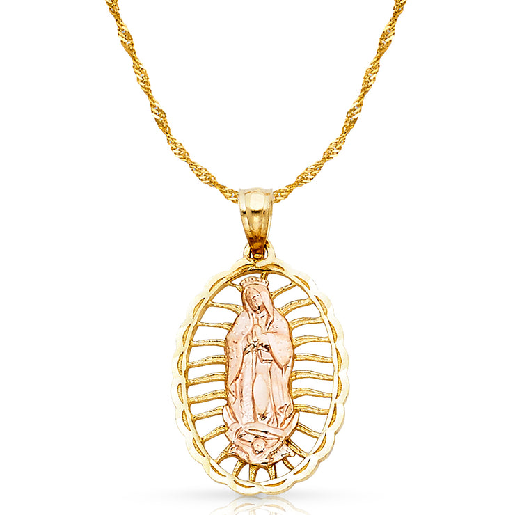 14K Gold Guadalupe Charm Pendant with 1.8mm Singapore Chain Necklace