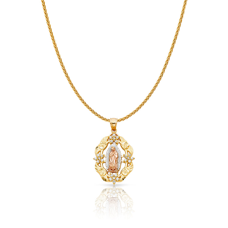 14K Gold CZ Guadalupe Charm Pendant with 1.1mm Wheat Chain Necklace