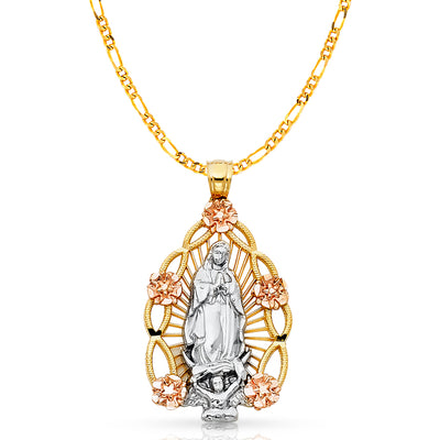 14K Gold Guadalupe Charm Pendant with 3.1mm Figaro 3+1 Chain Necklace