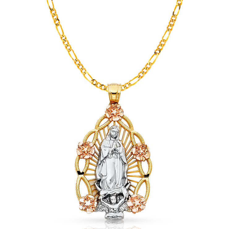 14K Gold Guadalupe Charm Pendant with 3.1mm Figaro 3+1 Chain Necklace