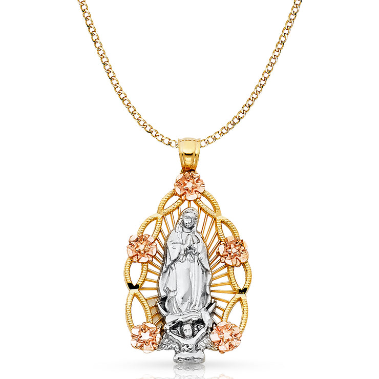 14K Gold Guadalupe Charm Pendant with 3.4mm Hollow Cuban Chain Necklace