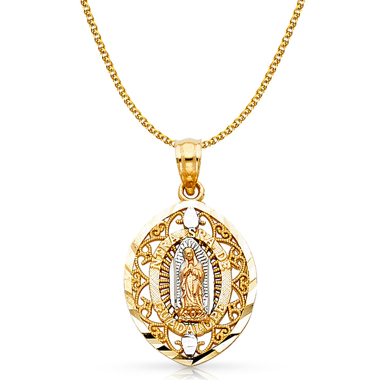 14K Gold Guadalupe Charm Pendant with 1.5mm Flat Open Wheat Chain Necklace