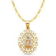 14K Gold Guadalupe Charm Pendant with 3.1mm Figaro 3+1 Chain Necklace