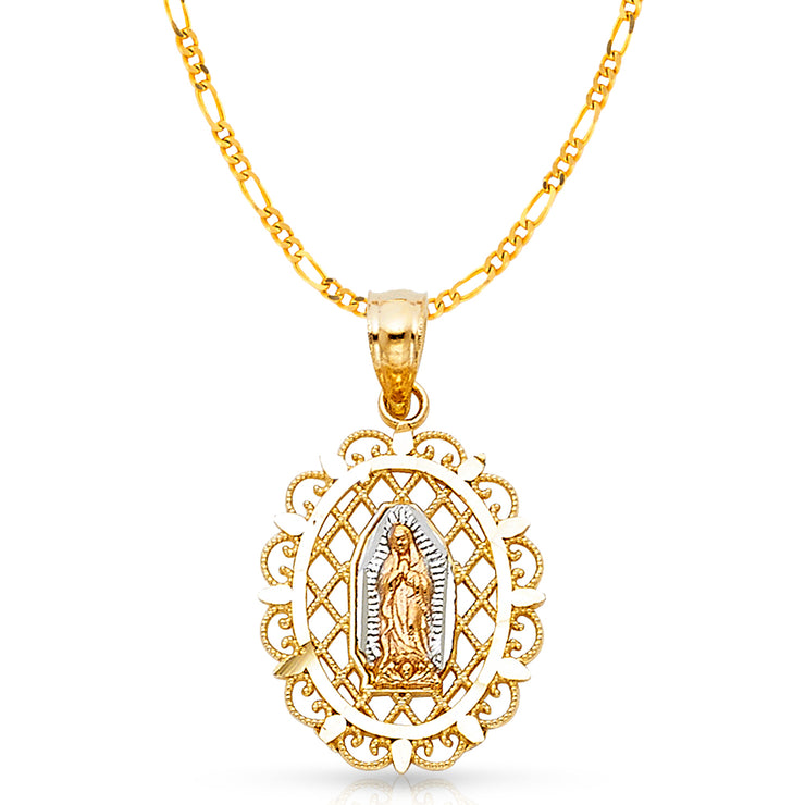 14K Gold Guadalupe Charm Pendant with 3.1mm Figaro 3+1 Chain Necklace