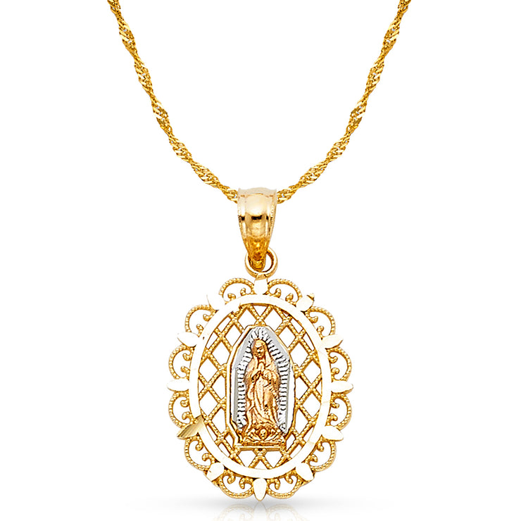 14K Gold Guadalupe Charm Pendant with 1.2mm Singapore Chain Necklace