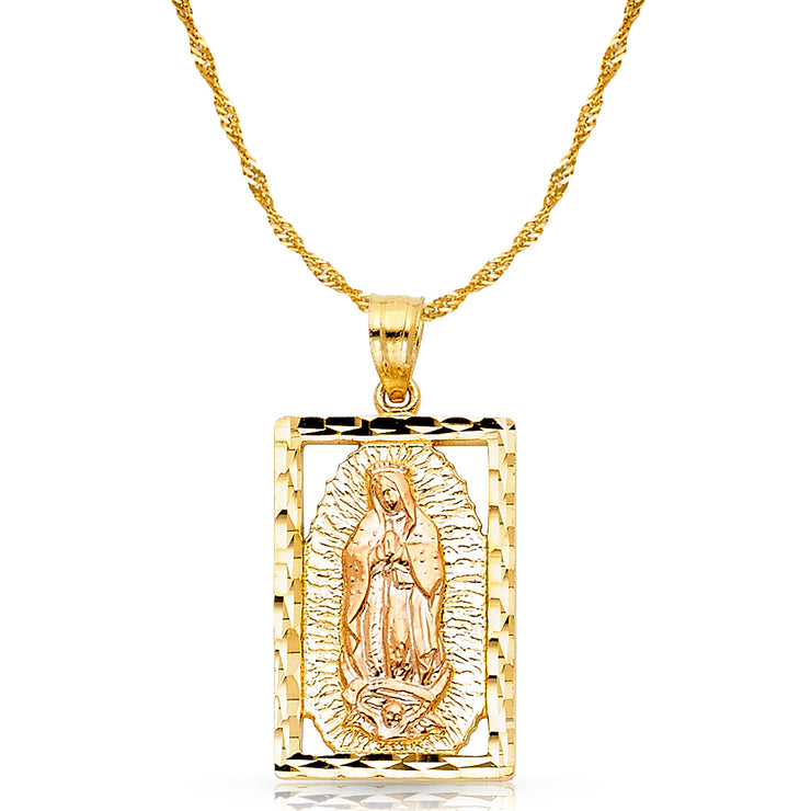 14K Gold Guadalupe Charm Pendant with 1.2mm Singapore Chain Necklace