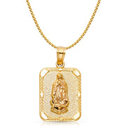 14K Gold Guadalupe Charm Pendant with 1.5mm Flat Open Wheat Chain Necklace