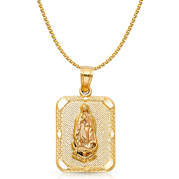 14K Gold Guadalupe Charm Pendant with 1.5mm Flat Open Wheat Chain Necklace