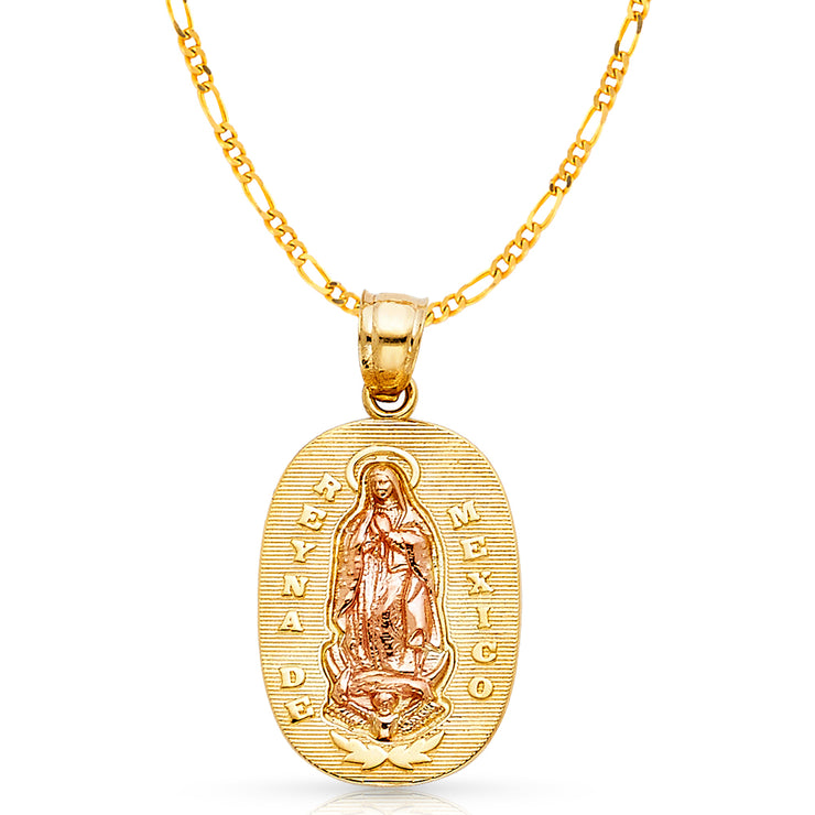 14K Gold Guadalupe Charm Pendant with 3.1mm Figaro 3+1 Chain Necklace