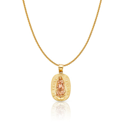 14K Gold Guadalupe Charm Pendant with 1.1mm Wheat Chain Necklace