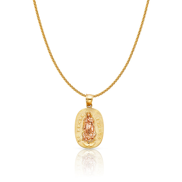 14K Gold Guadalupe Charm Pendant with 1.1mm Wheat Chain Necklace