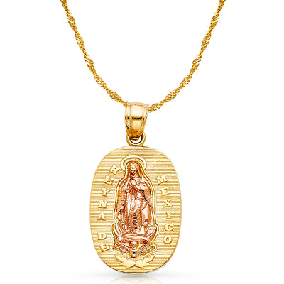 14K Gold Guadalupe Charm Pendant with 1.2mm Singapore Chain Necklace